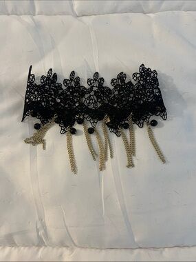 Black Lace Choker Necklace with Gold Chain Fringe